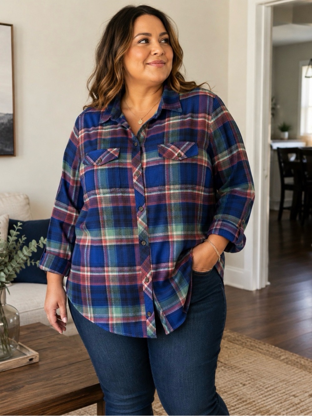 Eddie Bauer Size Large, Blue Plaid Button-Down Shirt